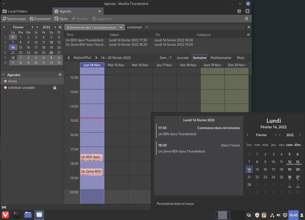Évènements Thunderbird dans applet calendrier de Cinnamon