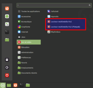 Lanceurs VLC dans menu Linux Mint
