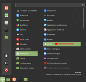Accès préférences clavier par menu Cinnamon