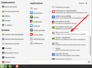 Acces préférences raccourcis clavier par menu dans Mate