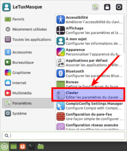 Accès préférences clavier par menu Xfce