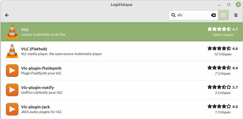 Résultat de recherche de l'application VLC dans la logithèque de Linux Mint