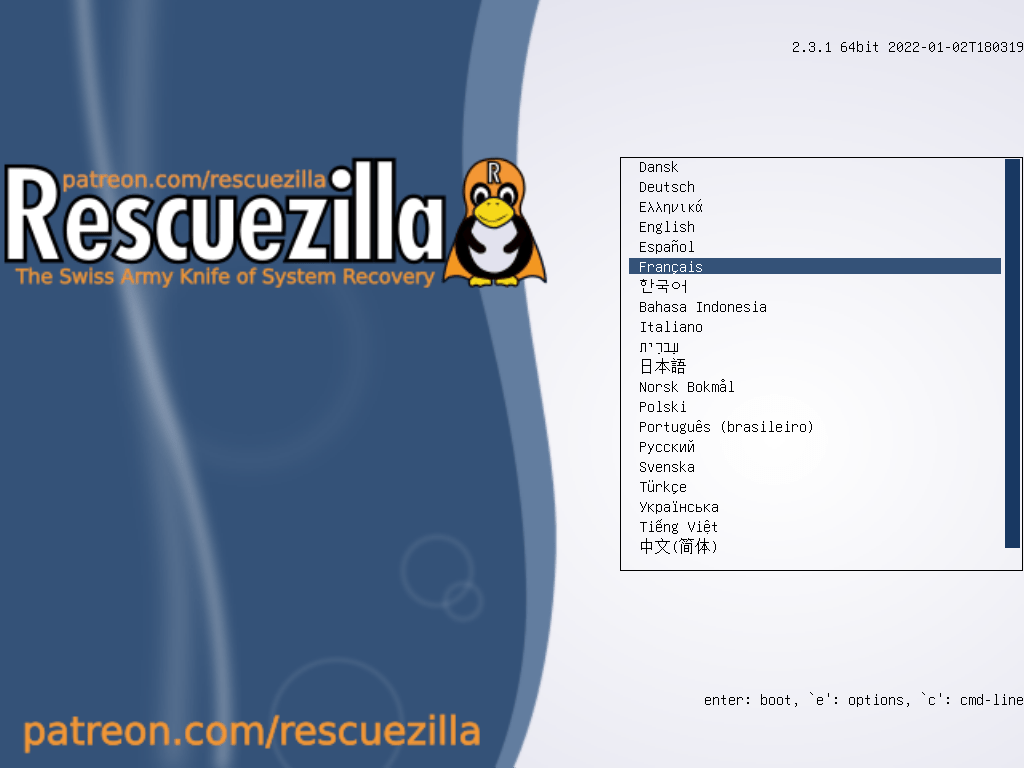 rescuezilla - choix de la langue