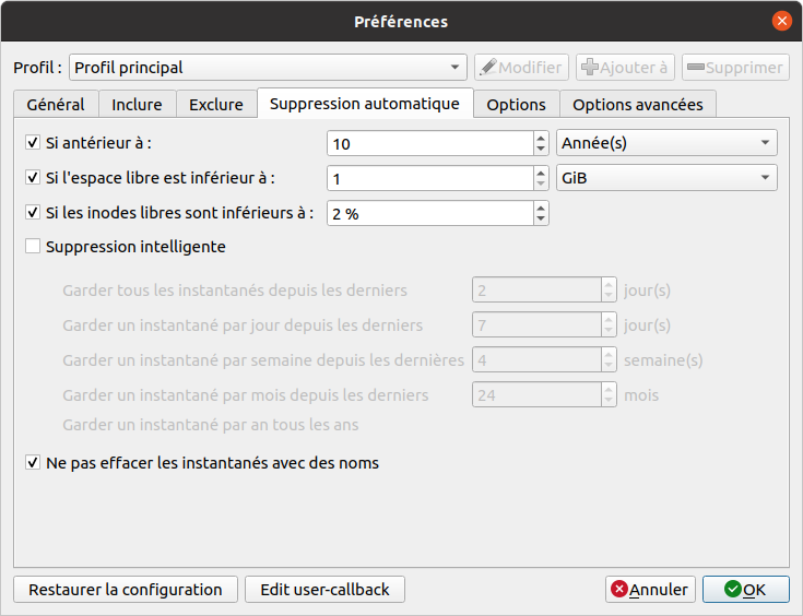 Préférences - Suppression automatique