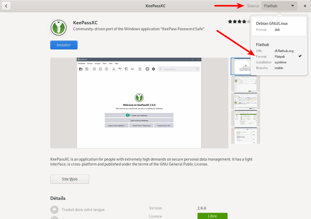 Choix de KeePassXC au format flatpak dans Gnome Software