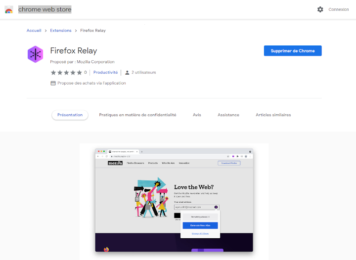 Firefox Relay dans chrome web store