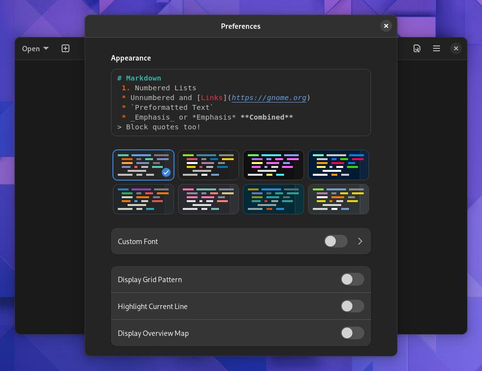 GNOME 42 - Éditeur de texte en mode Dark - Préférences