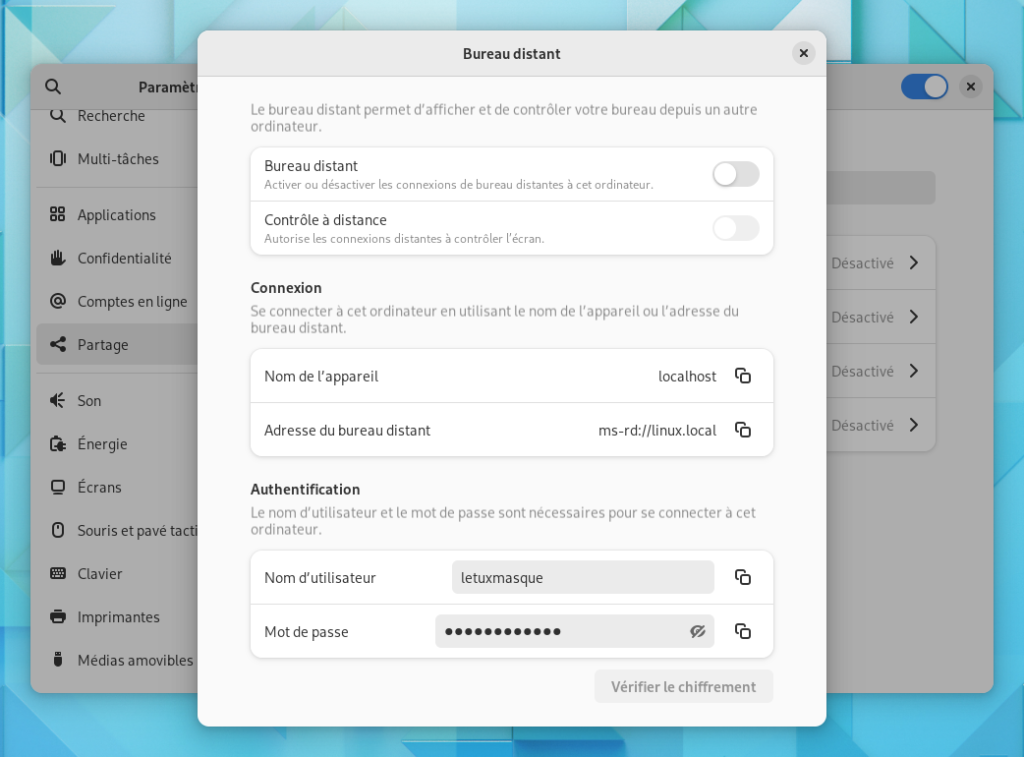 GNOME 42 - paramètres - bureau à distance
