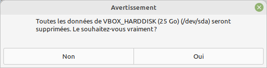 Confirmation de la création partitions pour installer de LMDE 5 sur un disque vierge