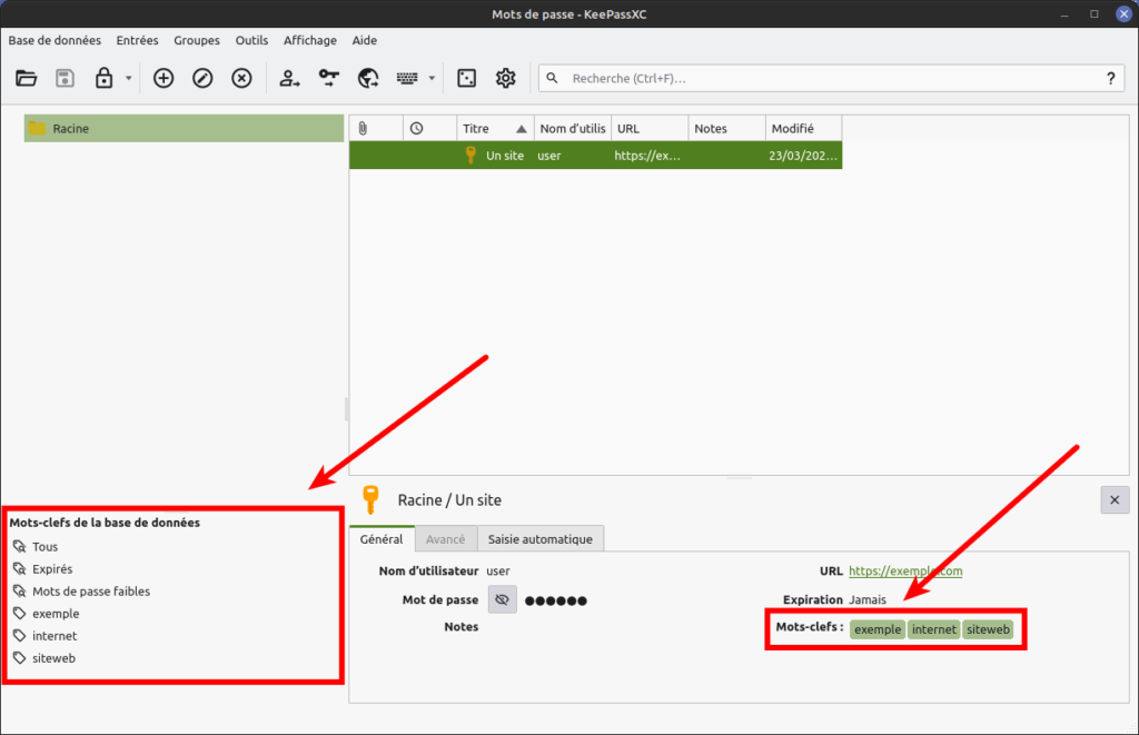Accès rapide aux tags dans l'interface principale de KeePassXC