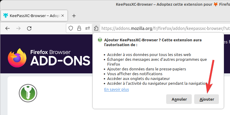 KeePassXC-Browser - ajout à Firefox
