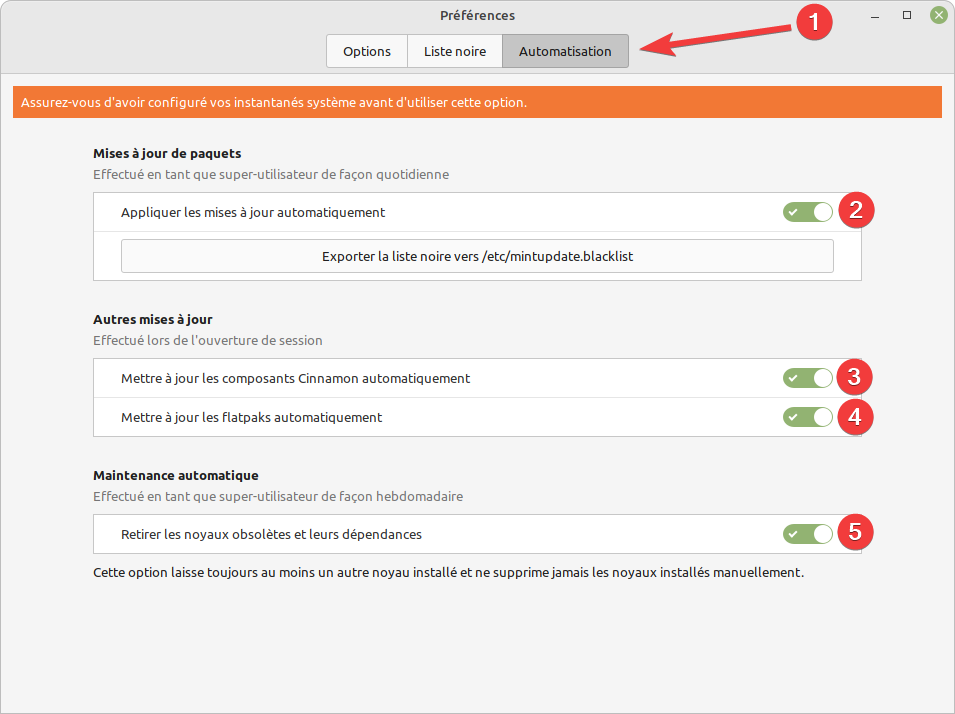 LMDE 5 - préférences de mises à jour automatiques