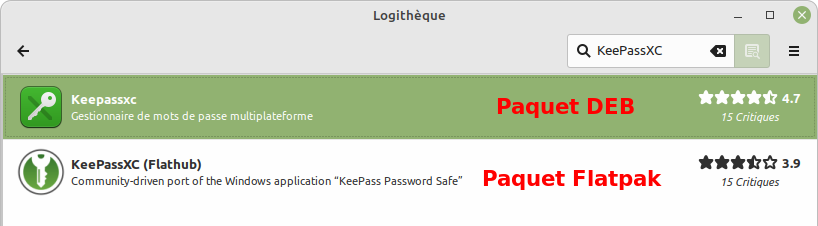 Résultat de la recherche de KeePassXC dans la logithèque de Linux Mint