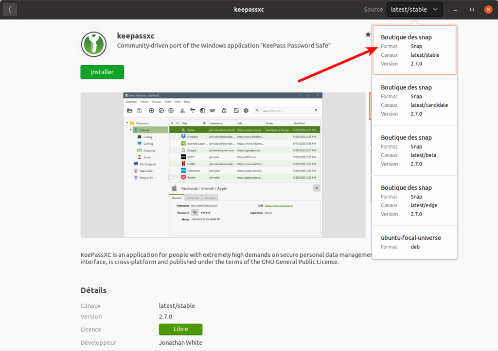 Paquet Snap KeePassXC