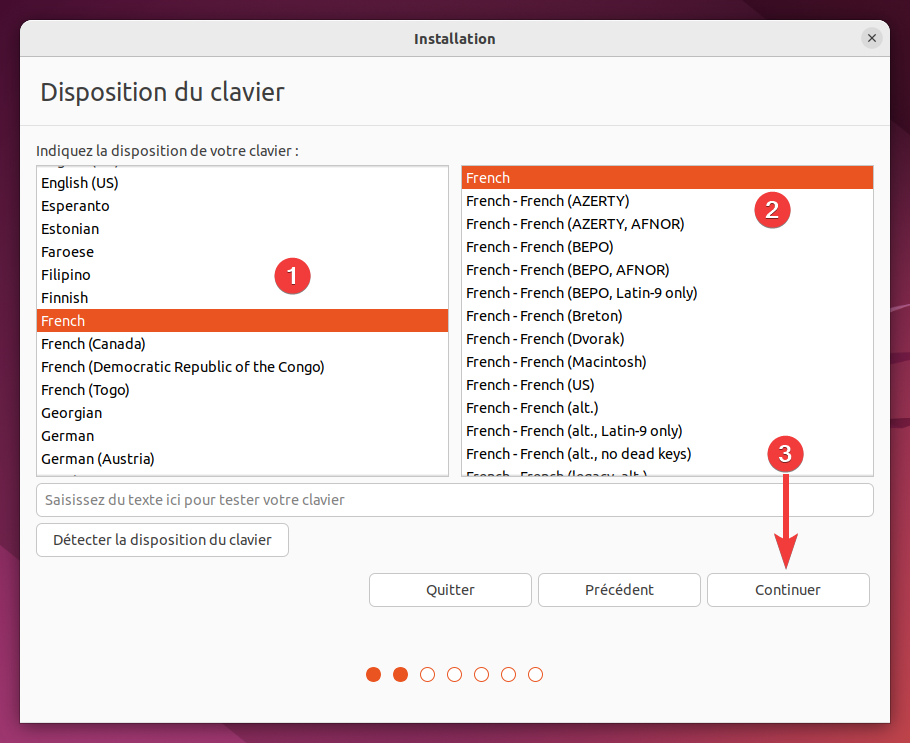 Installer Ubuntu 22.04 LTS - Choix de la disposition du clavier