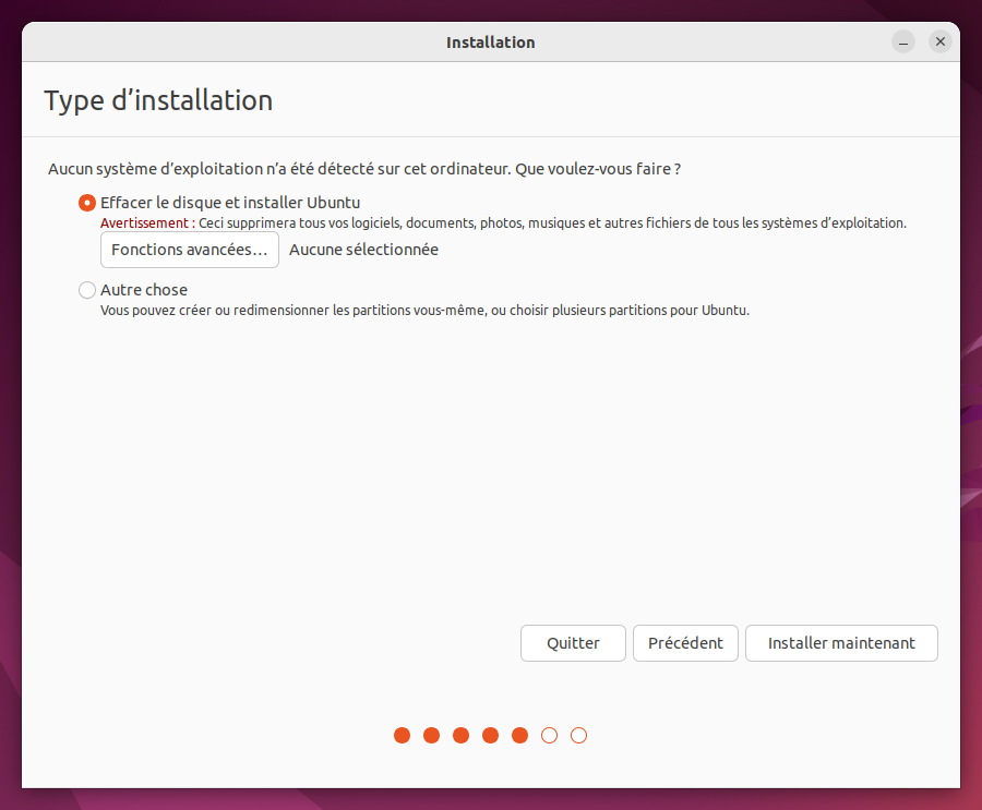 Installer Ubuntu 22.04 LTS - Type installation sur un disque sans OS
