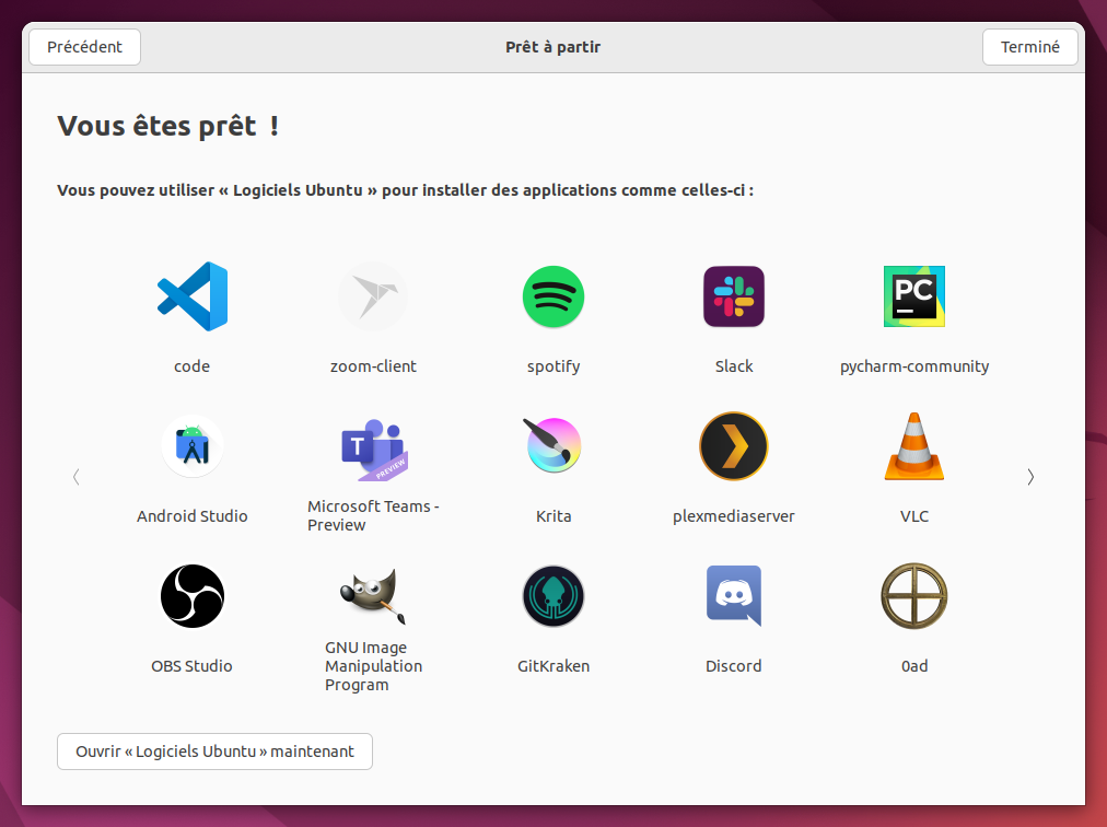 Premier démarrage - accueil - prêt à utiliser Ubuntu