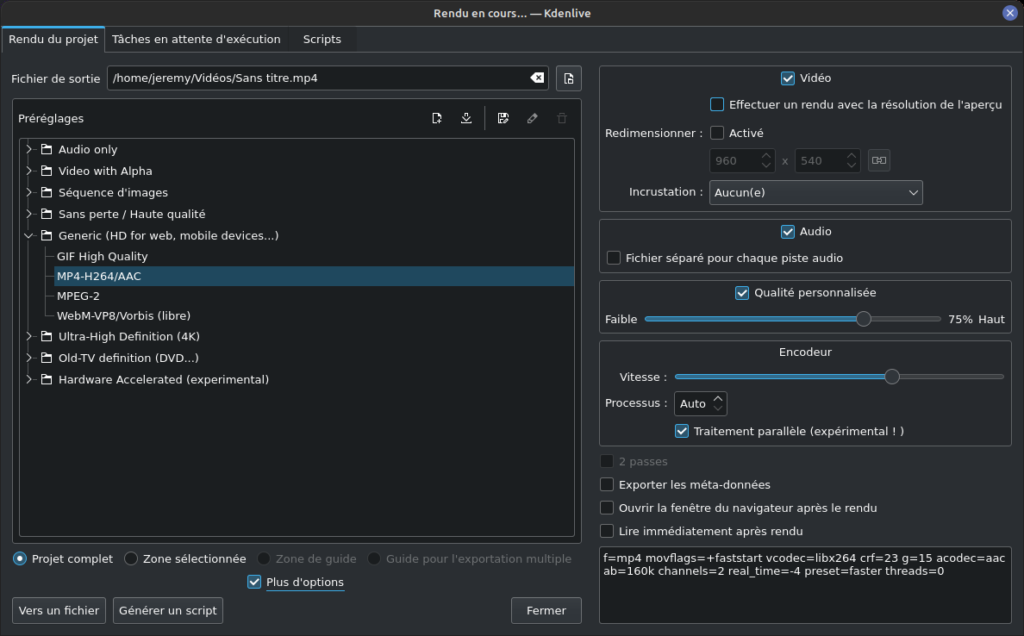 Kdenlive 22.04 - fenêtre pour rendu