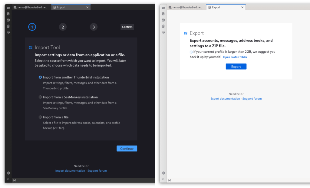 Import export dans Thunderbird 102