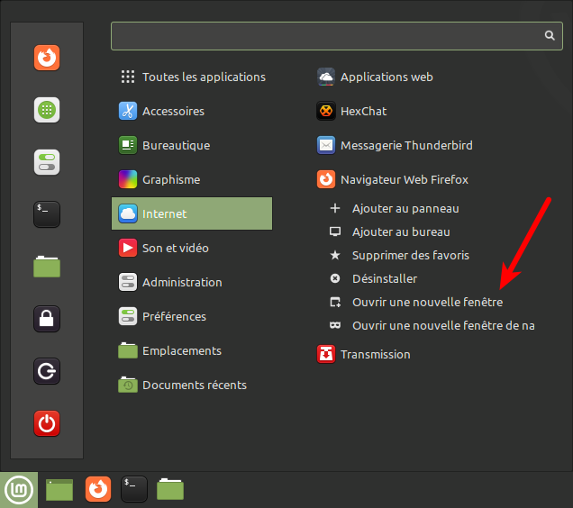 Commande application dans menu