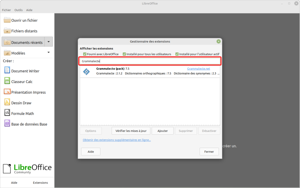 LibreOffice 7.4 - recherche extension