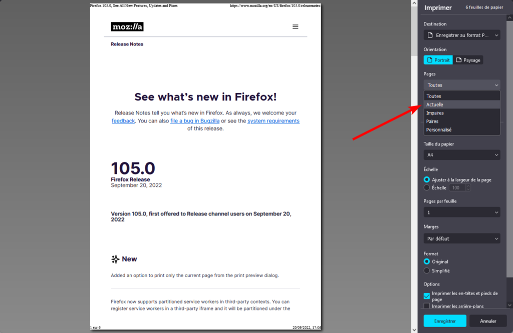 Firefox 105 - Imprimer page actuelle