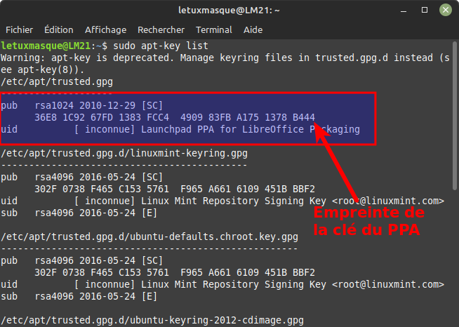 Linux Mint 21 apt-key list avec PPA libreoffice