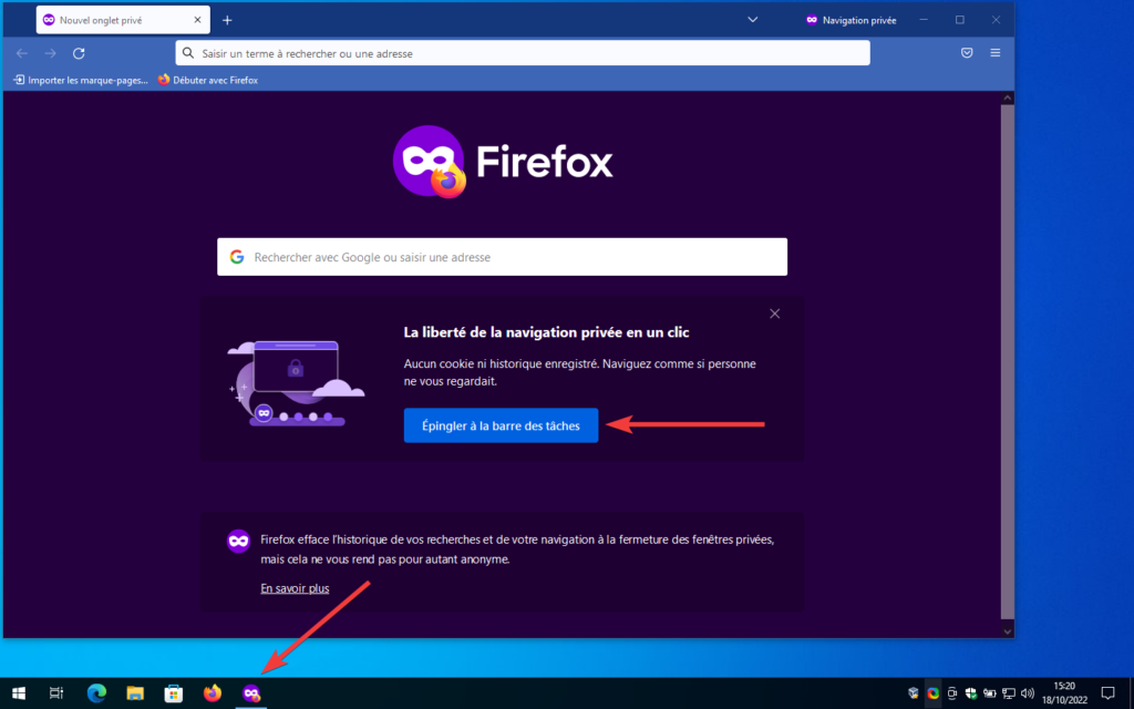 Raccourcis Firefox private dans la barre des taches Windows