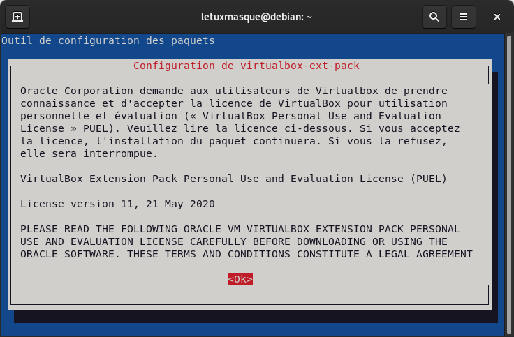 Debian - licence extension pack VirtualBox