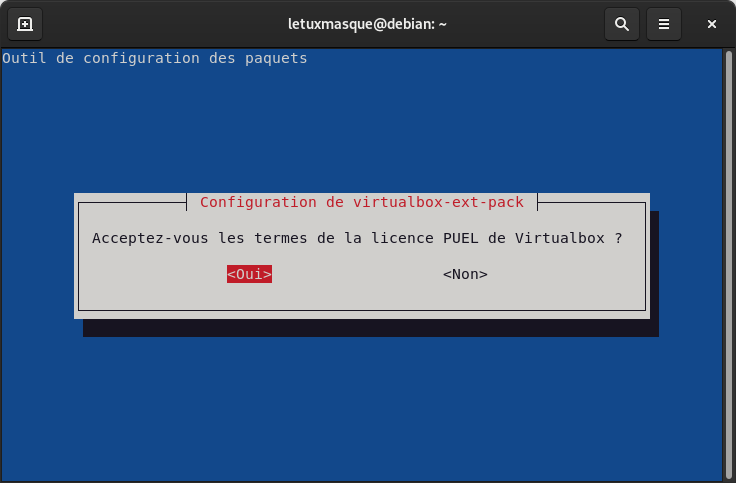 Debian - validation licence extension pack VirtualBox