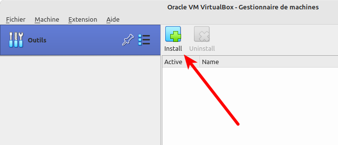 Accès bouton installation pack d'extension VirtualBox 7
