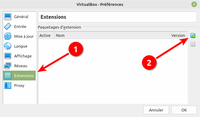 Accès au gestionnaire extension pack VirtualBox 6