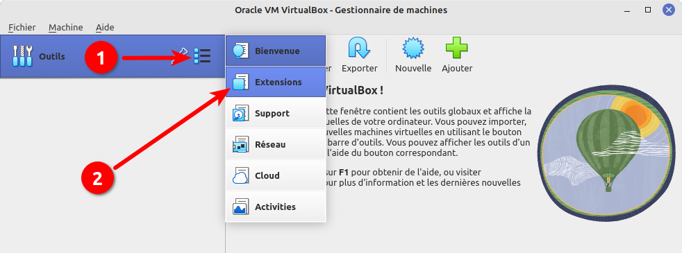 Accès au gestionnaire extension pack VirtualBox 7