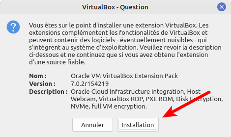 Confirmation installation extension pack VirtualBox 7