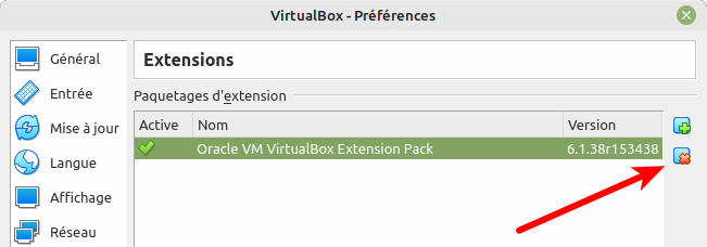 Désinstallation extension pack VBox6