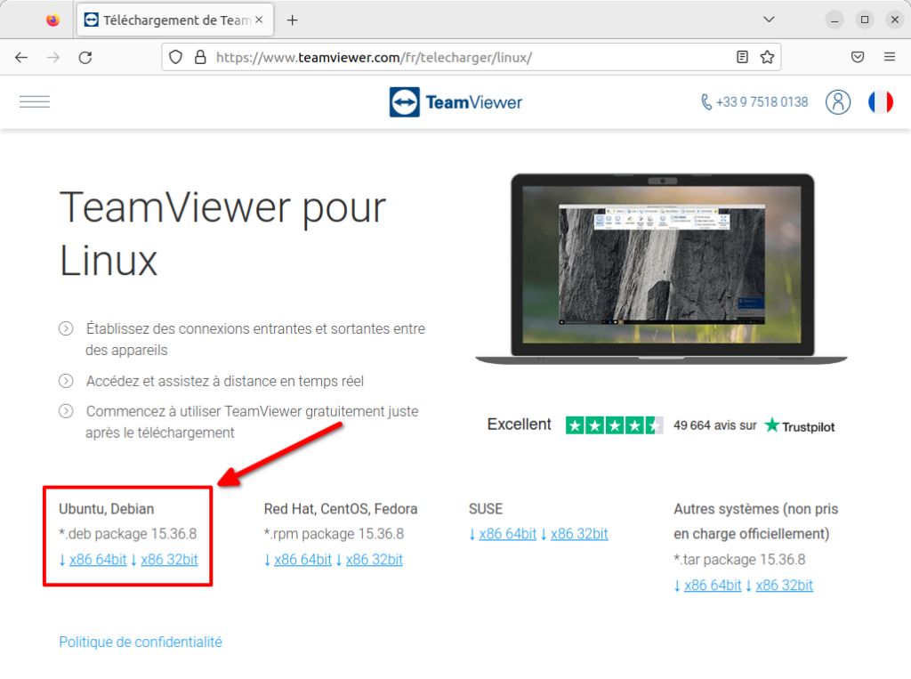 Page téléchargement TeamViewer pour Linux