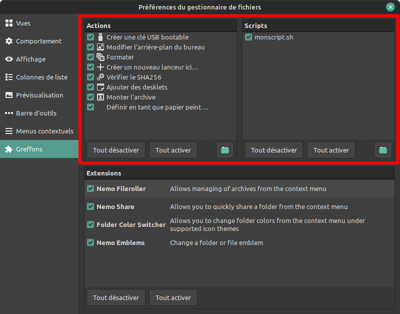 Greffons - actions/scripts