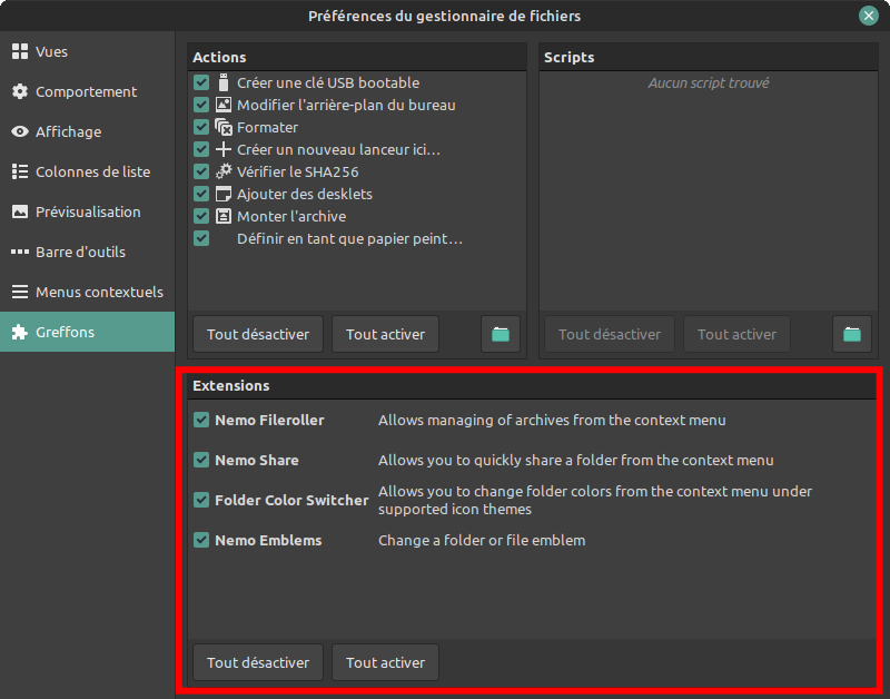 Liste des greffons (extensions) installés dans Nemo
