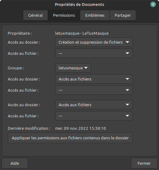 Propriétés - Permissions normales