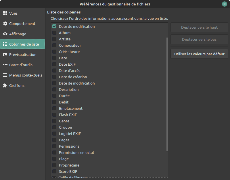 Personnaliser Nemo - préférences - colonnes de liste avec media-columns