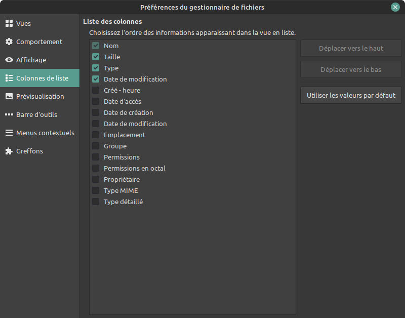 Personnaliser Nemo - préférences - colonnes de liste par défaut