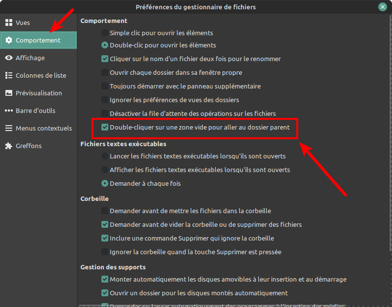 Préférences - double-clic pour remonter vers dossier parent