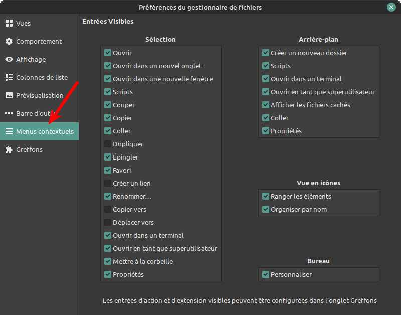 Préférences - menus contextuels