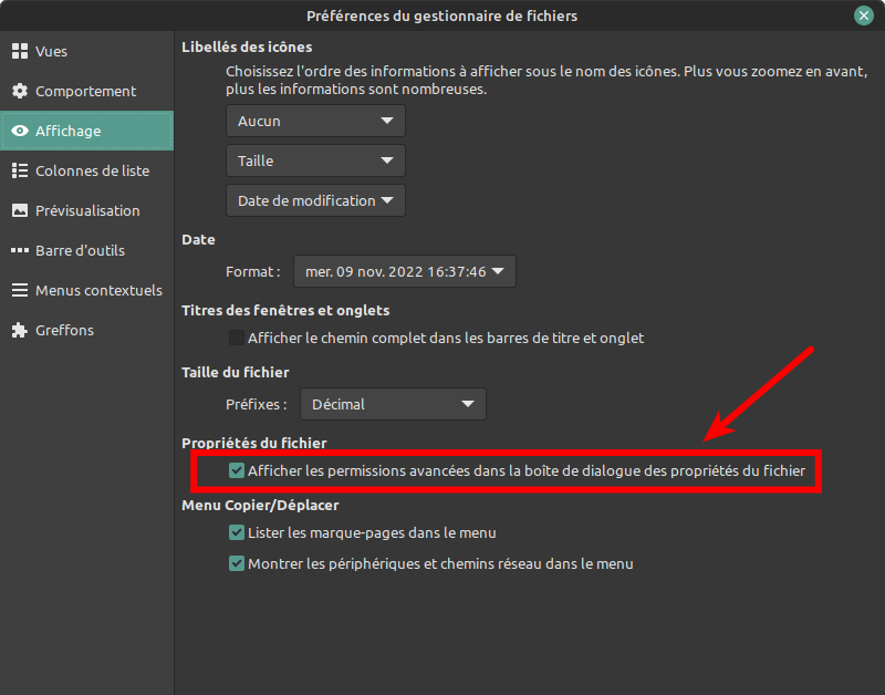 Personnaliser Nemo - préférences permissions avancées