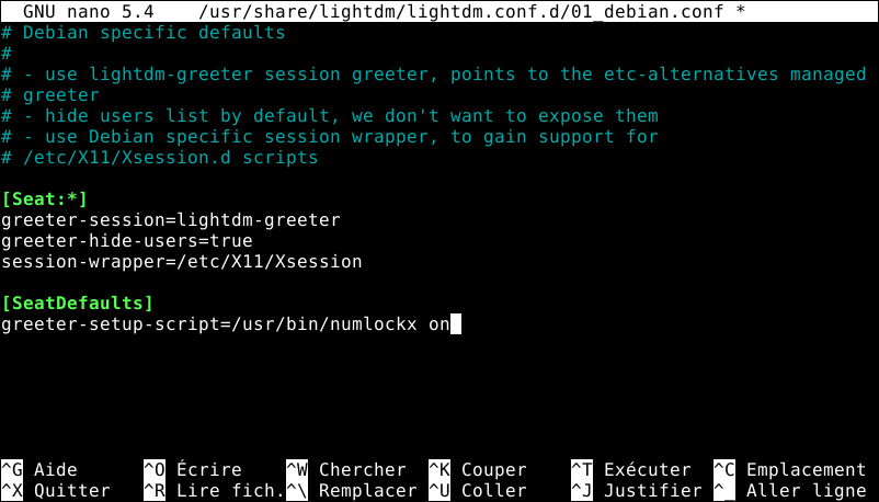 Debian - Fichier conf de LightDM modifié pour activer numlock au démarrage