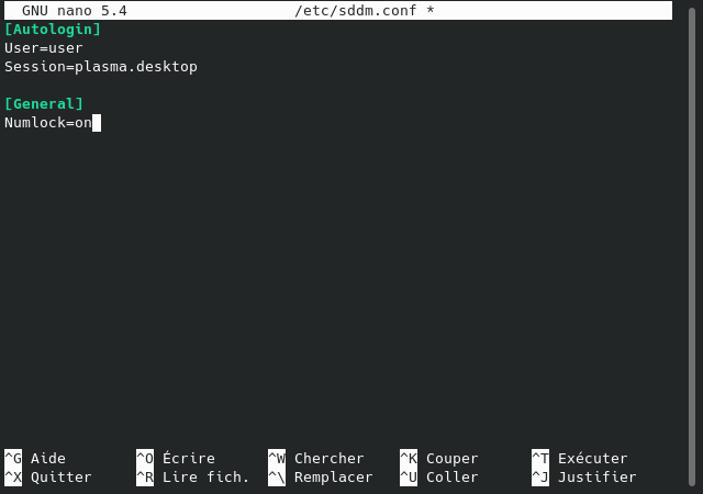 Debian - Fichier conf de SDDM modifié pour activer numlock au démarrage