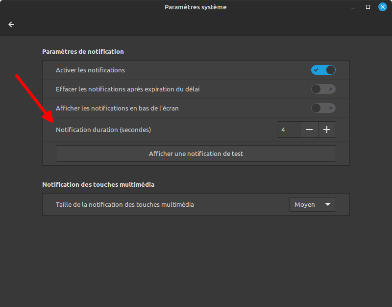 Cinnamon 5.6 - paramètres de notification