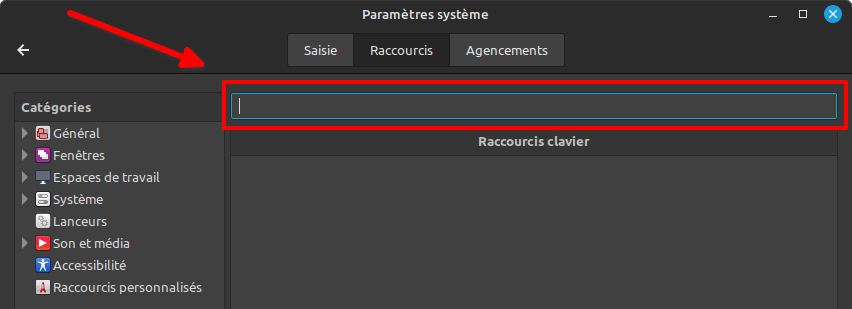 Cinnamon 56 - paramètres de raccourcis