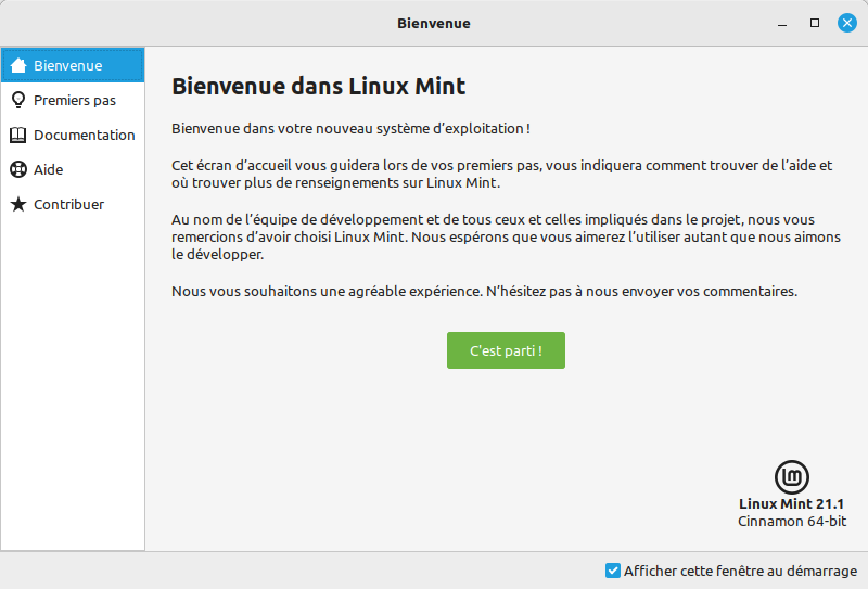 Écran d'accueil Linux Mint 21.1