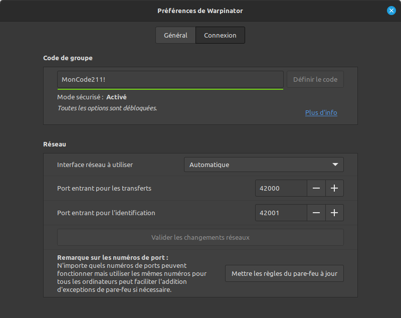 Préférences de connexion Warpinator
